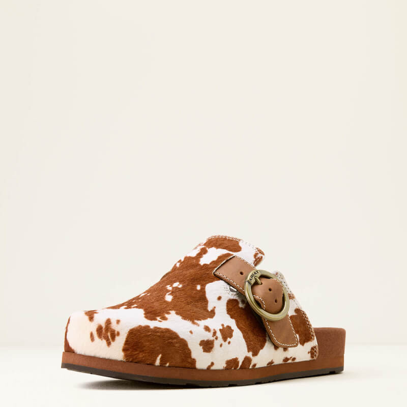Ariat Ariat Womens Country Mule Cow Hair On: brown & white cow-print mule with buckle detail.
