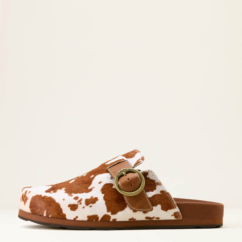 Ariat Womens Country Mule Cow Hair On in brown and white cow print with large buckle.