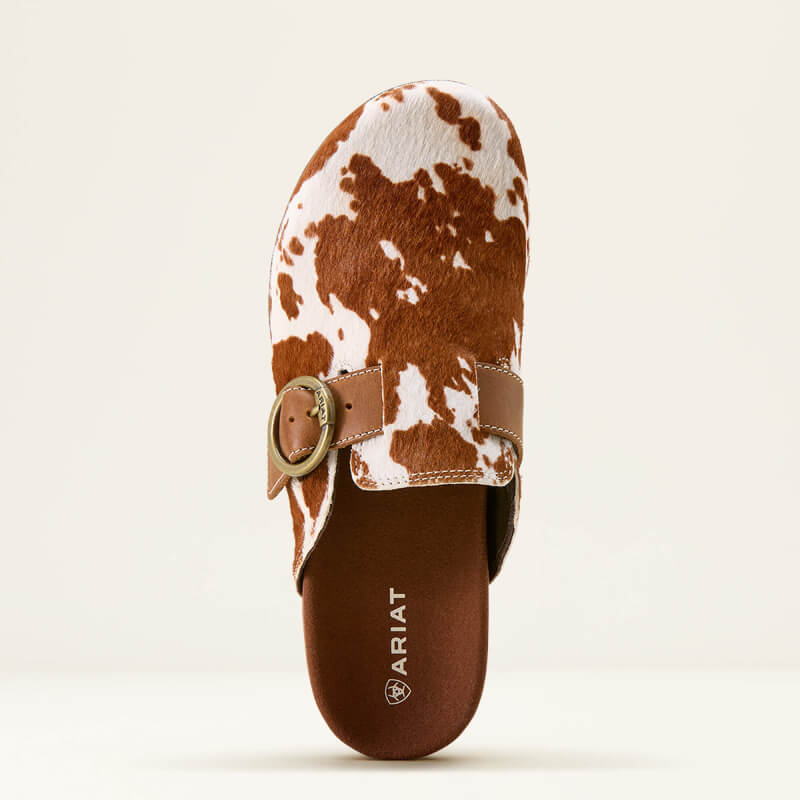 Ariat Womens Country Mule Cow Hair On—brown/white mule shoes with buckle detail.