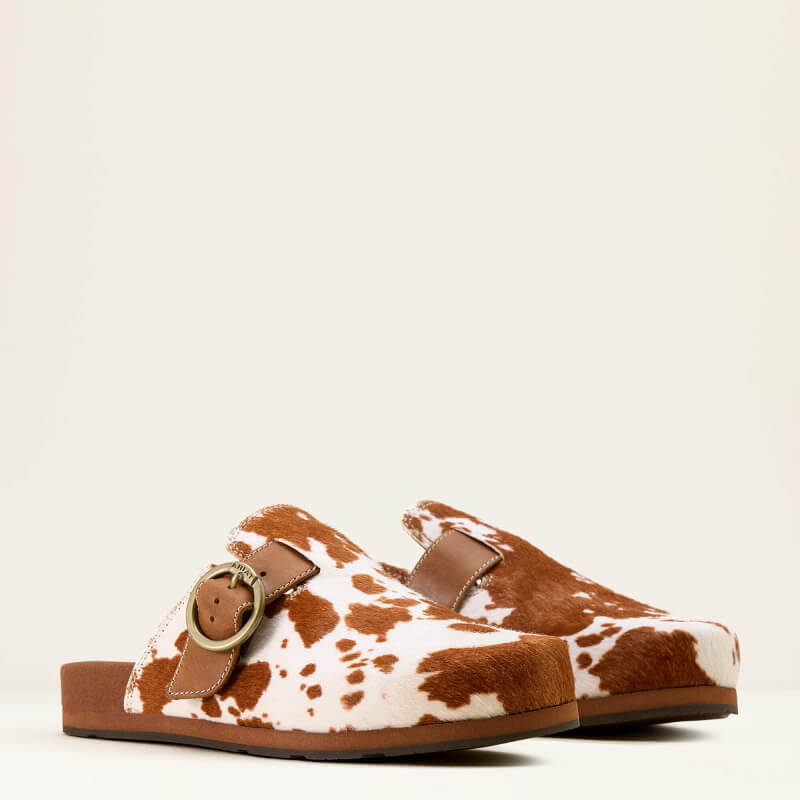Ariat Ariat Womens Country Mule Cow Hair On: brown & white cow-print mule with buckle detail.