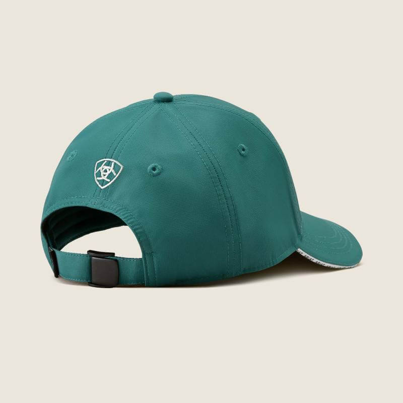 Ariat Adults Sterling Cap: Forest Green, recycled polyester, small shield logo on front.