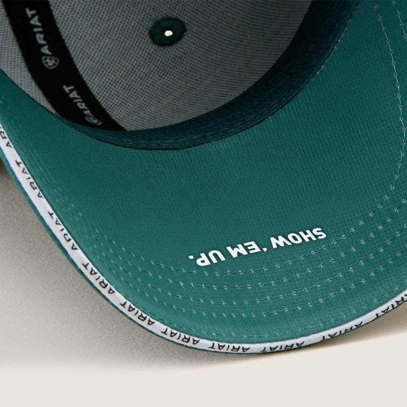 Ariat Adults Sterling Cap Forest Green with SHOW. EM UP. under brim; logo inside and edge.
