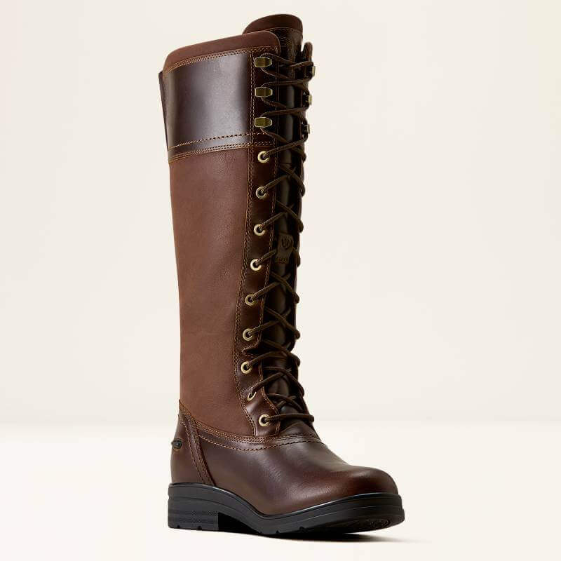 Ariat Womens Wythburn H2O Boots: tall lace-up waterproof brown boots with black sole.