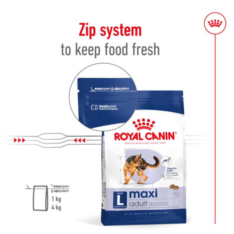 Royal Canin Maxi Adult large dog food with zip supports your dog's digestive health.