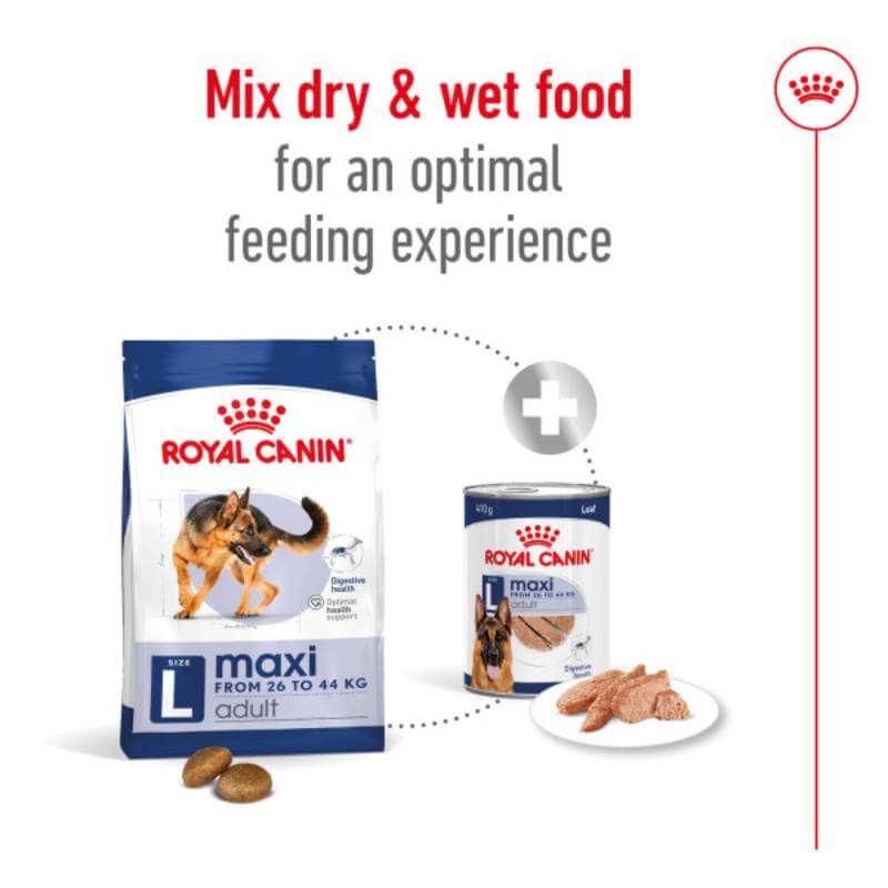 Royal Canin Maxi Adult dry & wet food supports large dog digestion; ideal for mixing.