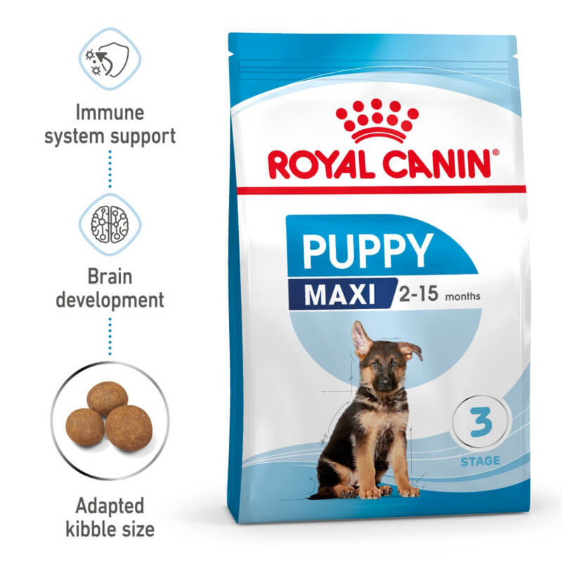 Royal Canin Maxi Puppy food bag for large-breed puppies shown with a German Shepherd puppy.
