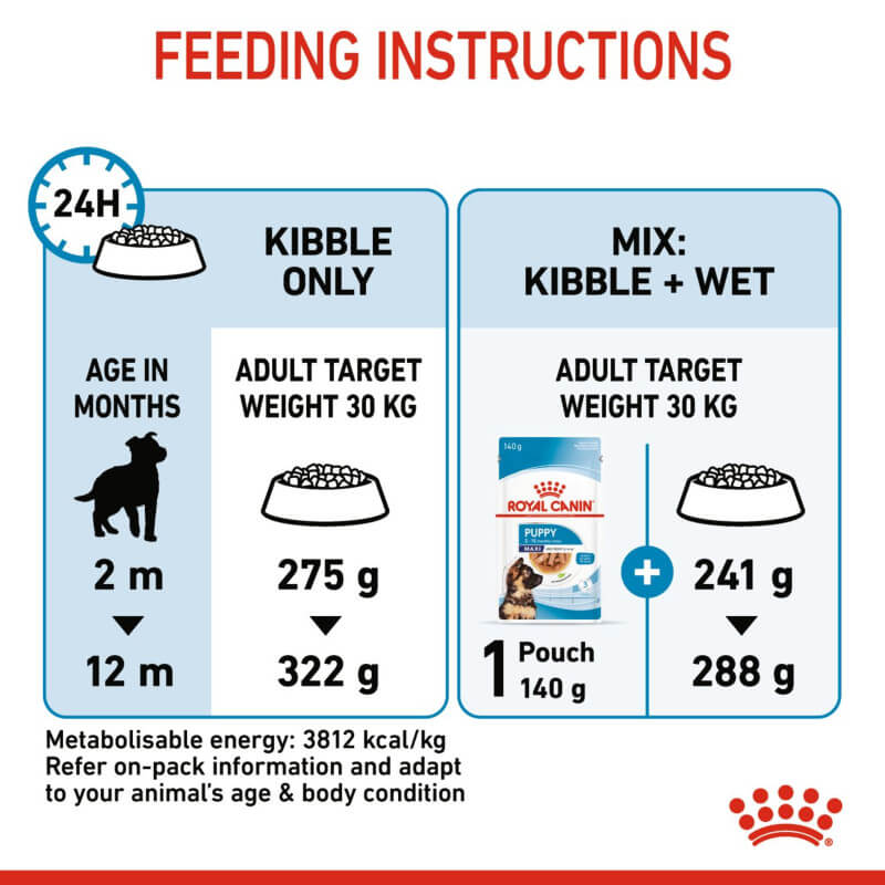 Royal Canin Maxi Puppy feeding chart: amounts by age and weight for dogs.