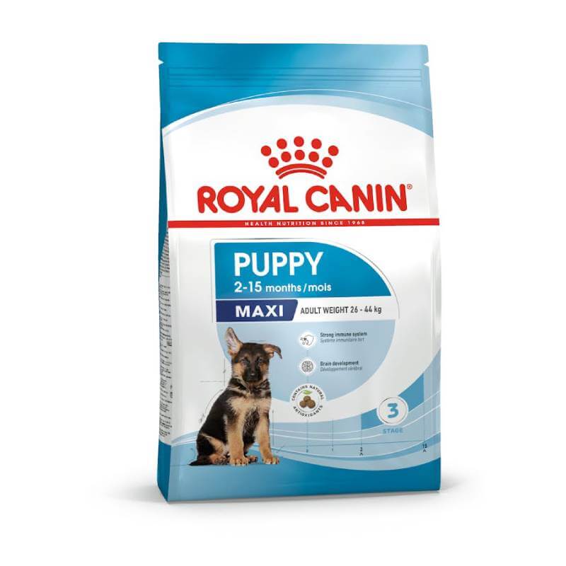Royal Canin Maxi Puppy food bag for large-breed puppies shown with a German Shepherd puppy.