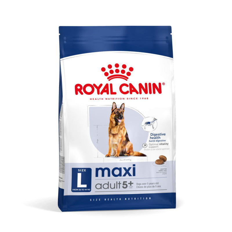 Royal Canin Maxi Adult 5+ dog food for large senior dogs with joint support.