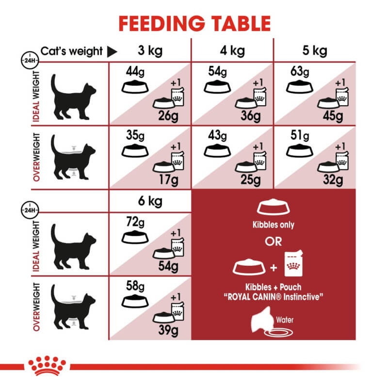 Cat feeding table with Royal Canin Fit for ideal/overweight cats, portions by weight.