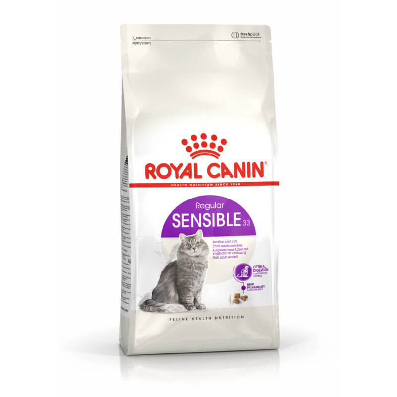 Royal Canin Sensible cat food supports cats' digestive health.