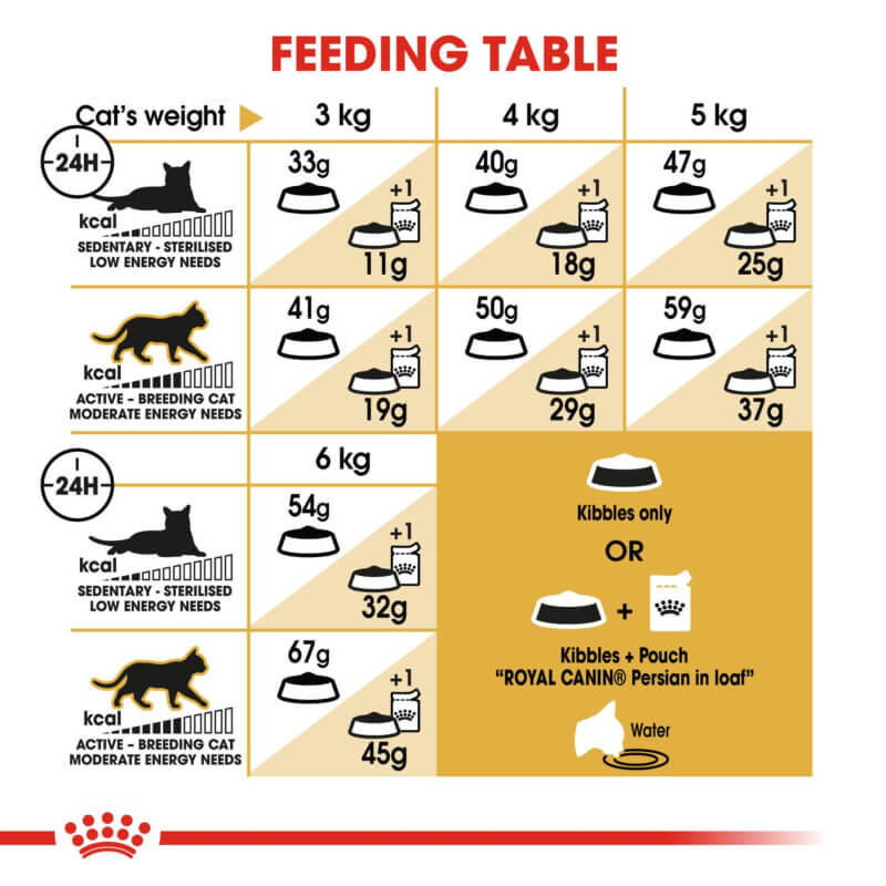 Royal Canin Persian feeding table shows daily portions by cat’s weight and activity level.