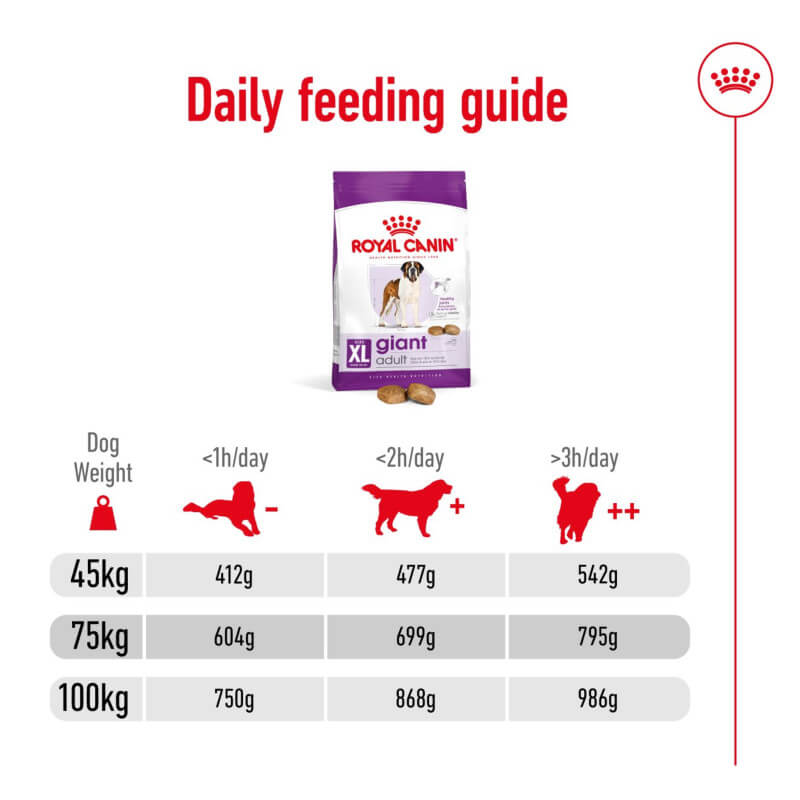 Royal Canin Giant Adult feeding chart, supports digestive and joint health by dog weight.
