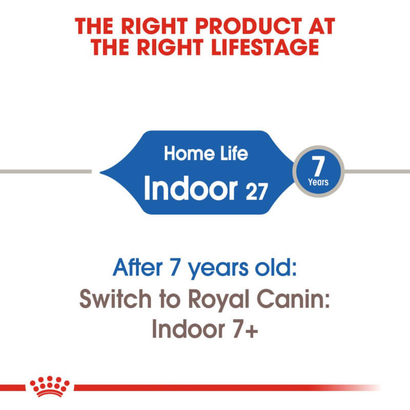 Royal Canin Indoor cat food aids hairball reduction for indoor cats age 7 and up.