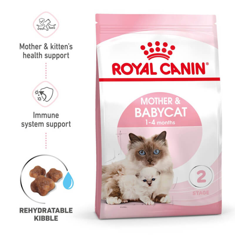 Royal Canin BabyCat kitten food bag for weaning kittens, with benefits shown on packaging.