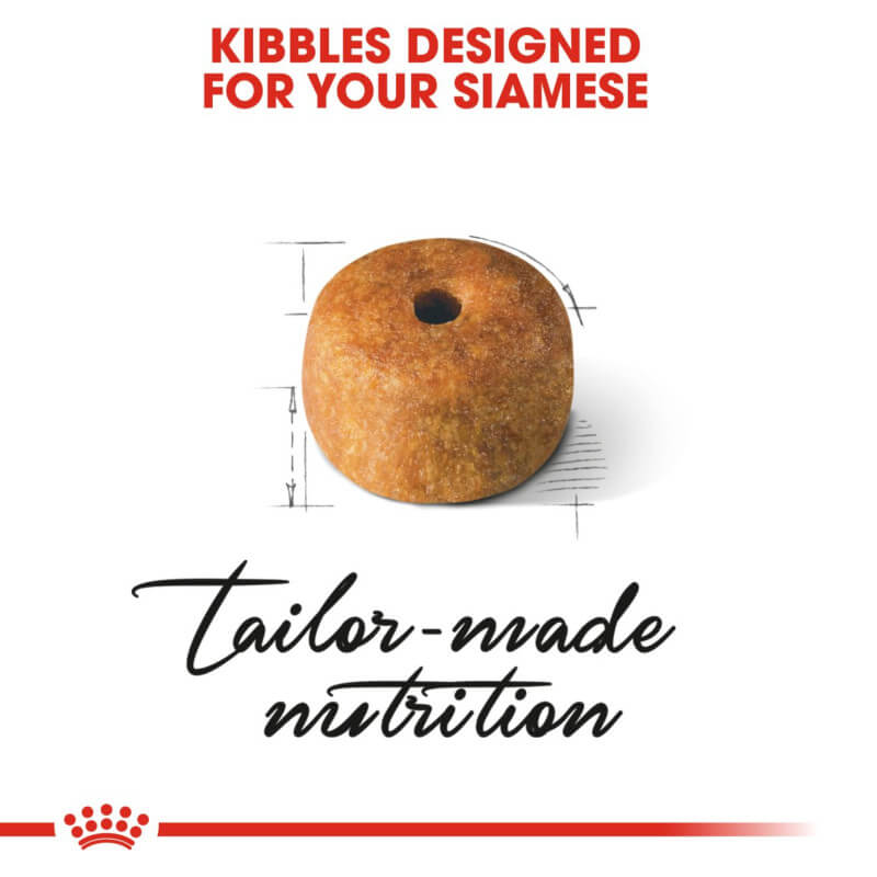 Royal Canin Siamese: round kibble with a hole, supports digestive health for Siamese cats.