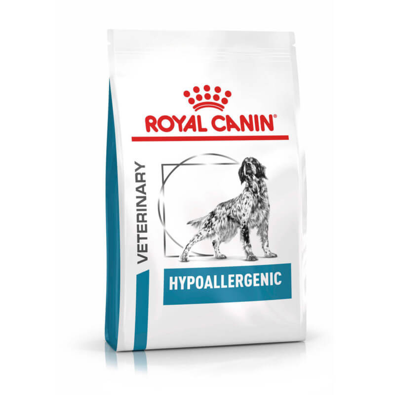 Bag of Royal Canin Veterinary Canine Hypoallergenic dry food with dog illustration on front.
