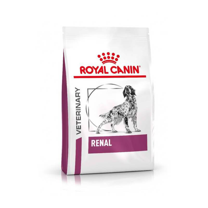 Royal Canin Veterinary Canine Renal Dry Dog Food for dogs with kidney disease, dog illustration.