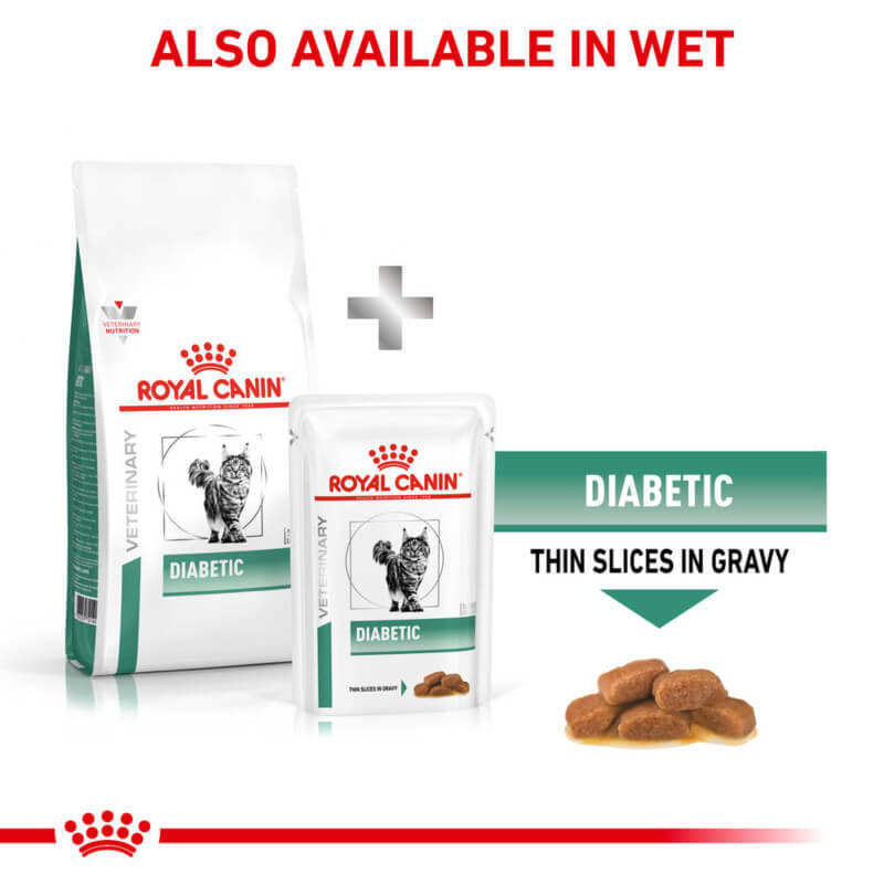 White bag of Royal Canin Veterinary Feline Diabetic cat food for diabetic cats.