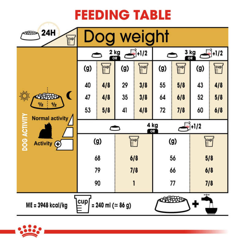 Royal Canin Yorkshire Terrier feeding table: daily food by weight and coat health.