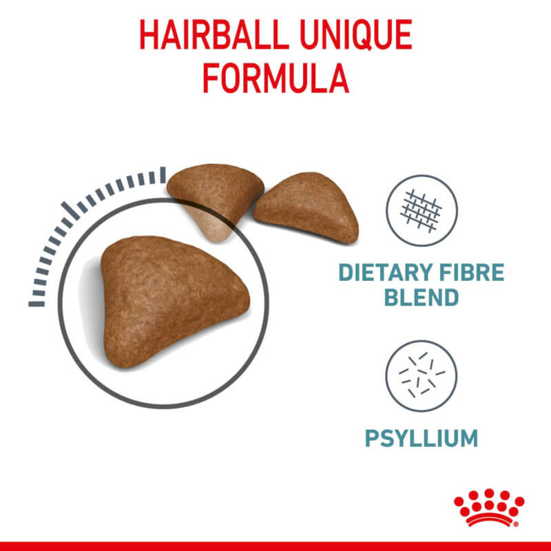 Three brown Royal Canin Hairball Care kibbles: Hairball Reduction, Dietary Fibre Blend, Psyllium.