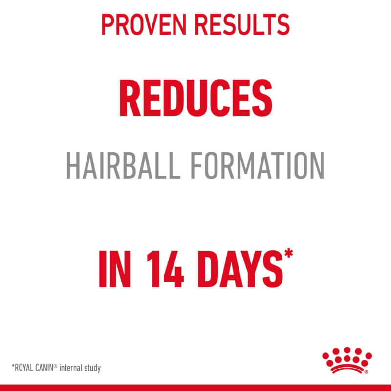 Royal Canin Hairball Care reduces hairballs in 14 days and supports cat digestive health.