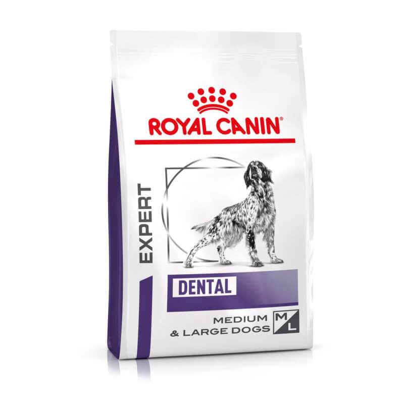 Royal Canin Veterinary Dental Adult Dry Dog Food for medium & large dogs, with dog illustration.