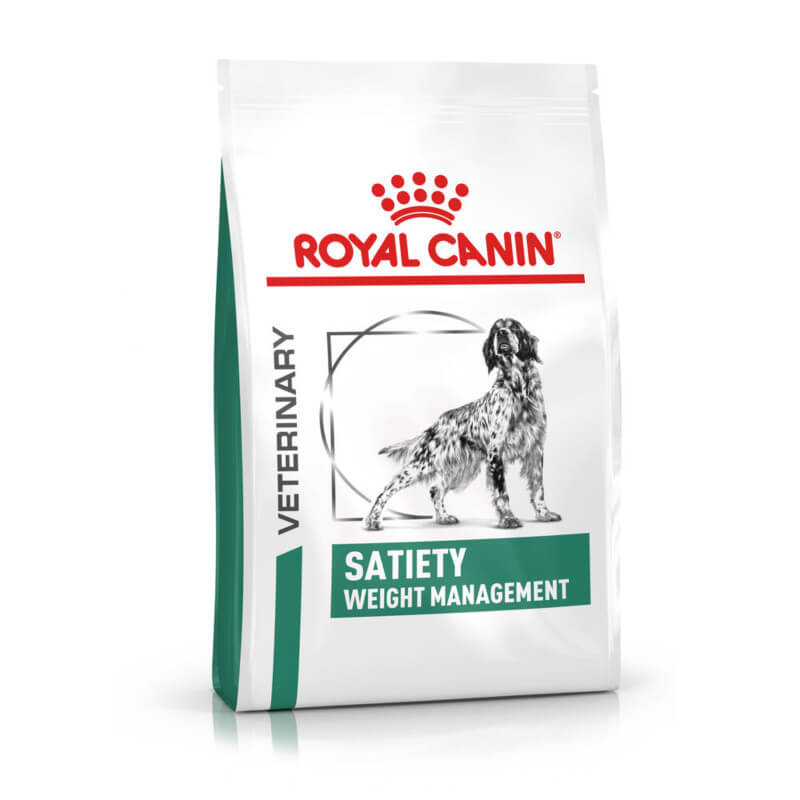 Royal Canin Veterinary Canine Satiety Dry Dog Food bag with a dog illustration on the front.