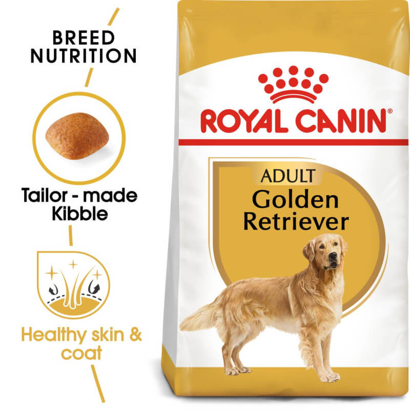 Royal Canin Golden Retriever Adult features breed-specific kibble for a healthy coat.
