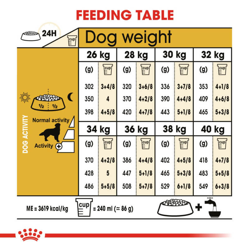 Royal Canin Golden Retriever Adult: daily portions by weight, activity & healthy coat.