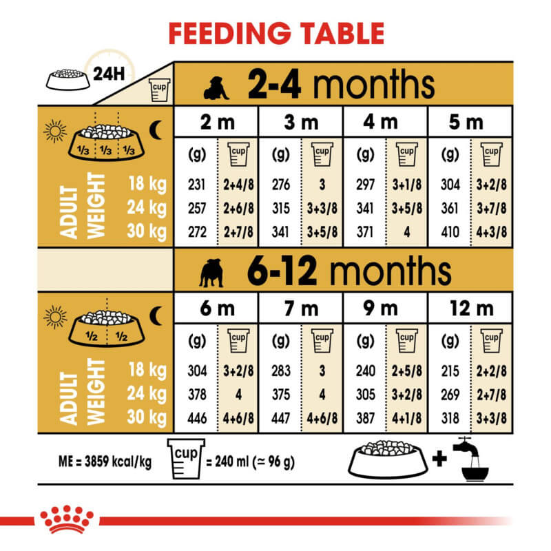 Royal Canin Bulldog Puppy feeding chart by age and weight for bone and joint support.