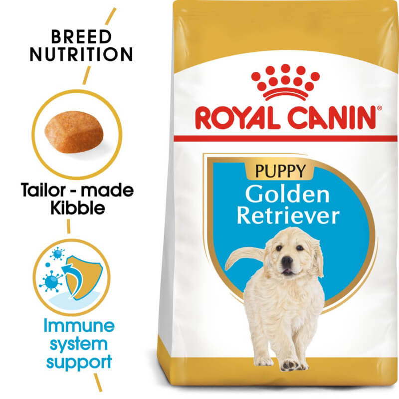 Royal Canin Golden Retriever Puppy bag with kibble, digestive, and immune health icons.