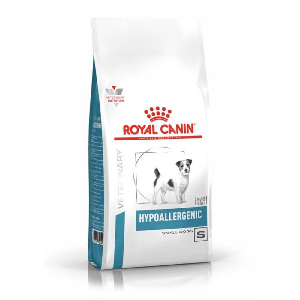 White bag of Royal Canin Veterinary Hypoallergenic Small Dog 3.5kg food for small breeds.