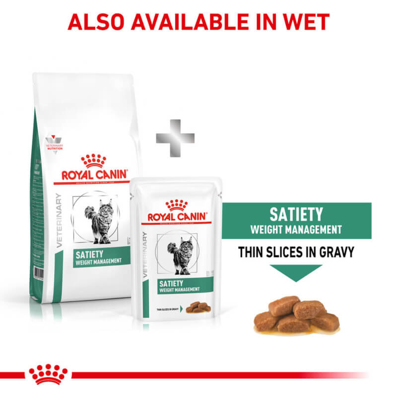 Royal Canin Veterinary Feline Satiety Weight Management with text and food pieces shown.