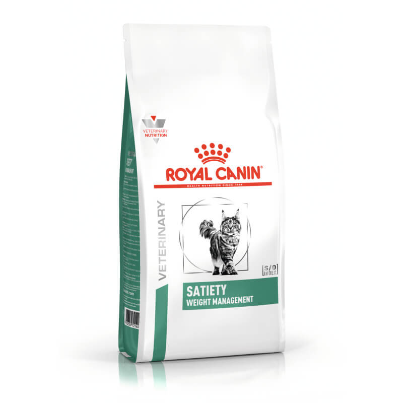 Royal Canin Veterinary Feline Satiety Weight Management cat food, features cat image on front.