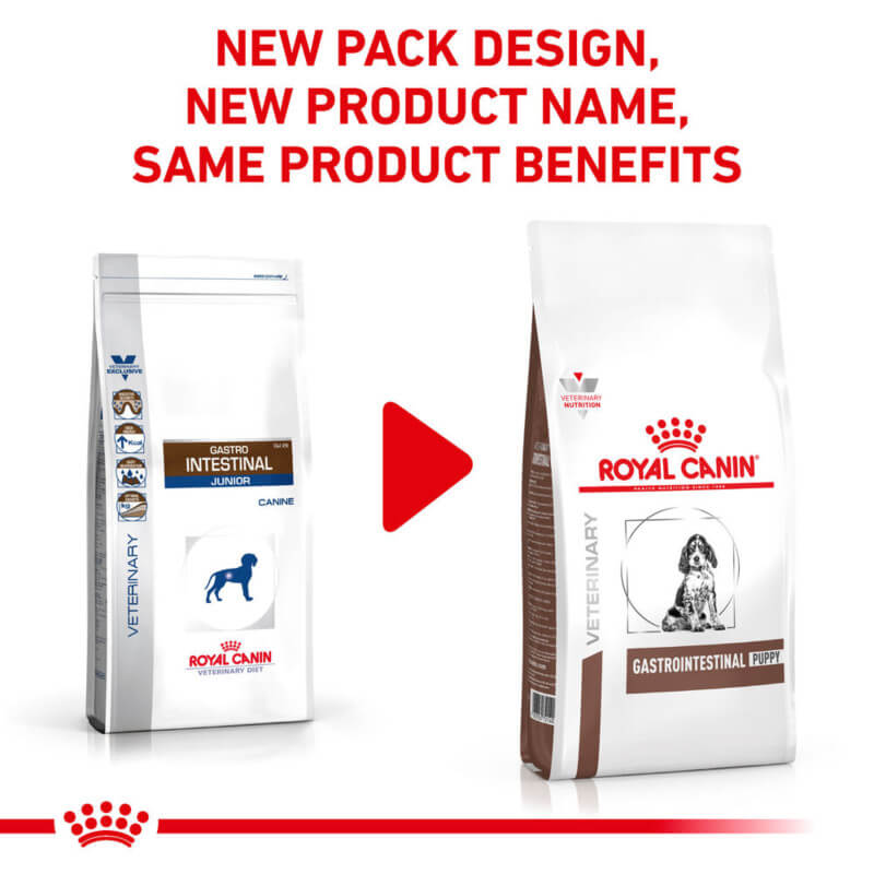 Royal Canin Veterinary Gastro Intestinal Puppy Dry Dog Food for digestive health, dog design.