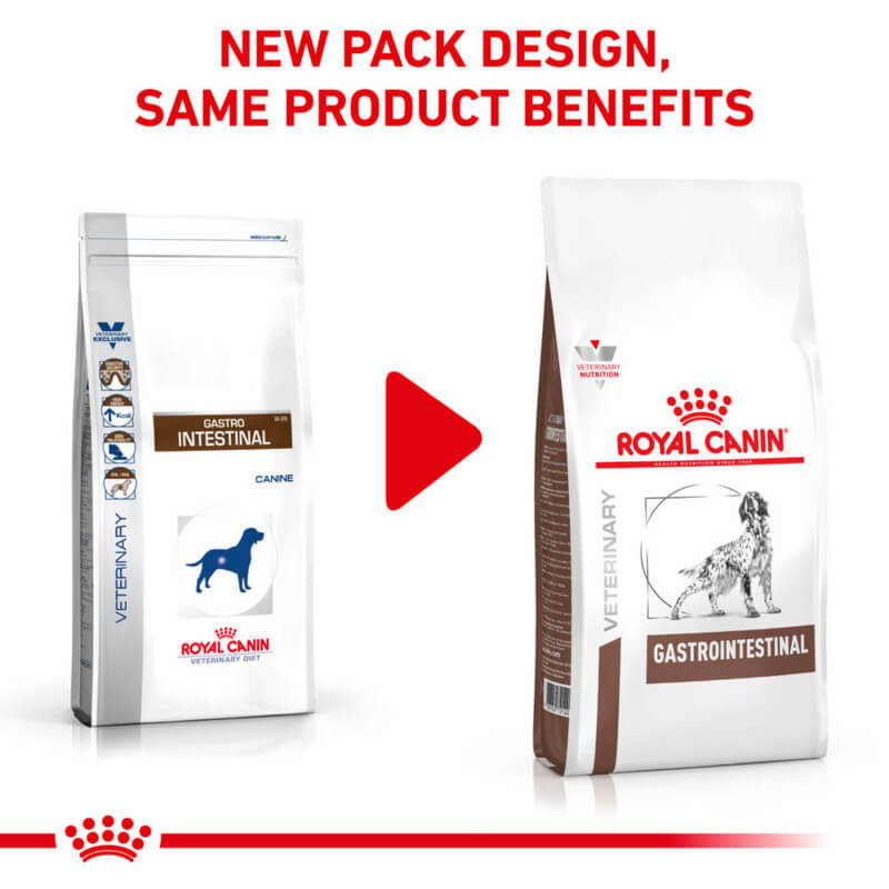Two Royal Canin Veterinary Gastro Intestinal Dry Food bags with updated packaging and a red arrow.