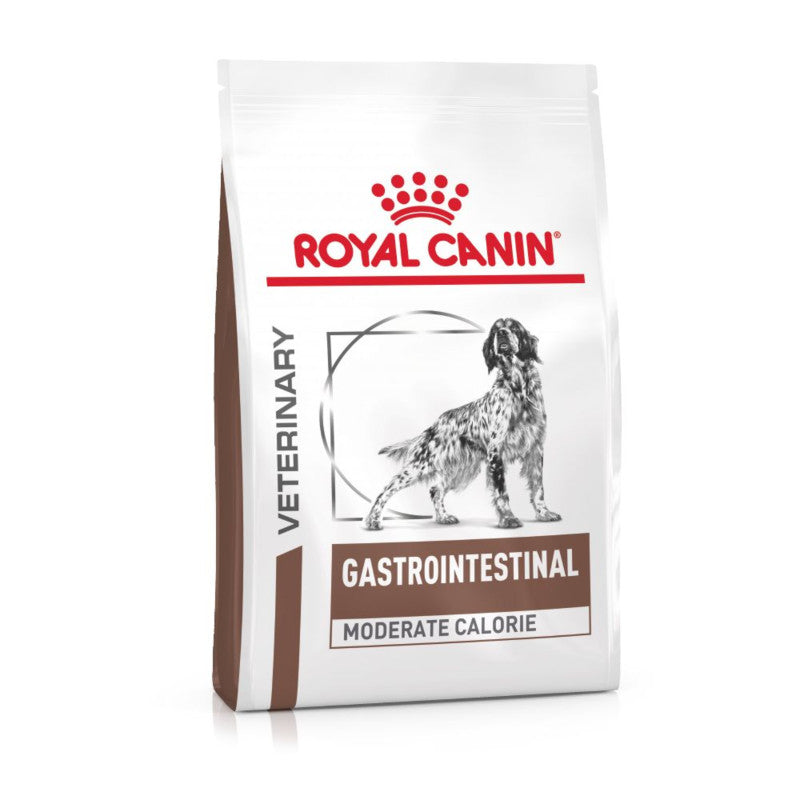 Royal Canin Veterinary Gastro Intestinal Moderate Calorie supports digestive health in dogs.