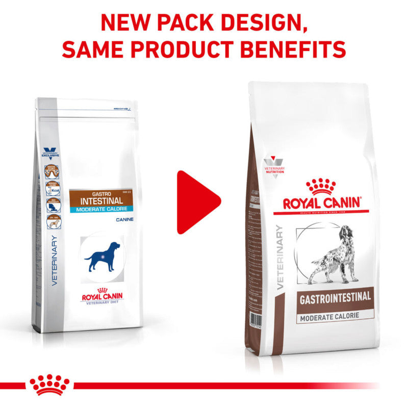 Two Royal Canin Veterinary Gastrointestinal Moderate Calorie bags: old and new packaging shown.
