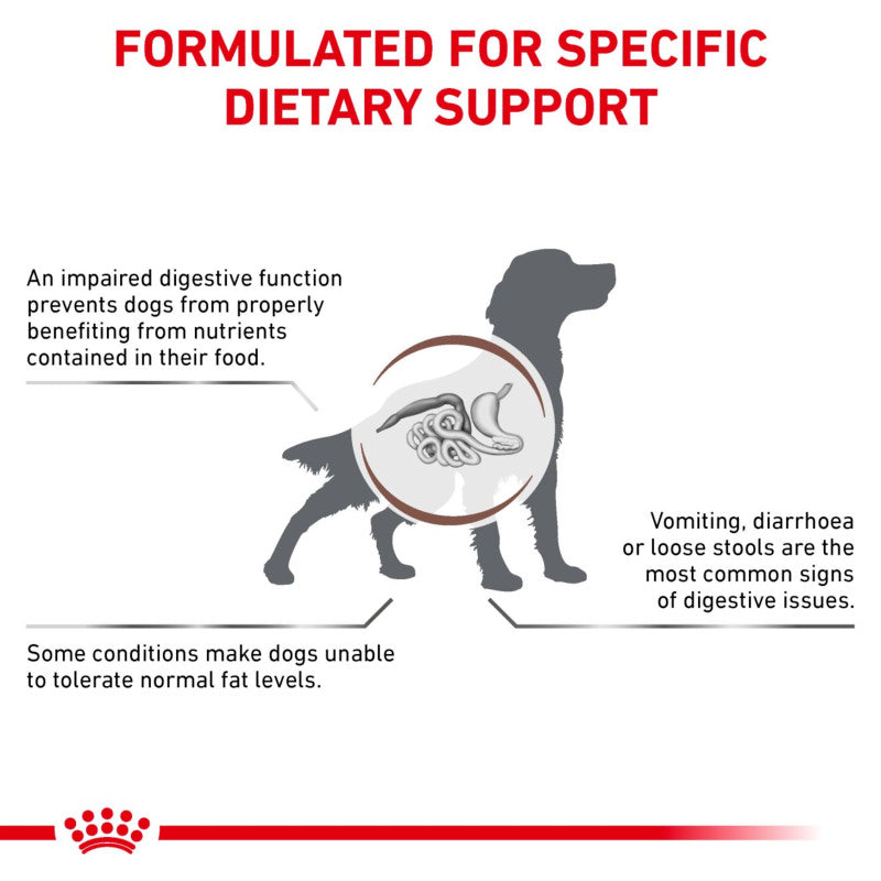 Silhouette of a dog with text about Royal Canin Veterinary Gastro Intestinal Low Fat dietary support.