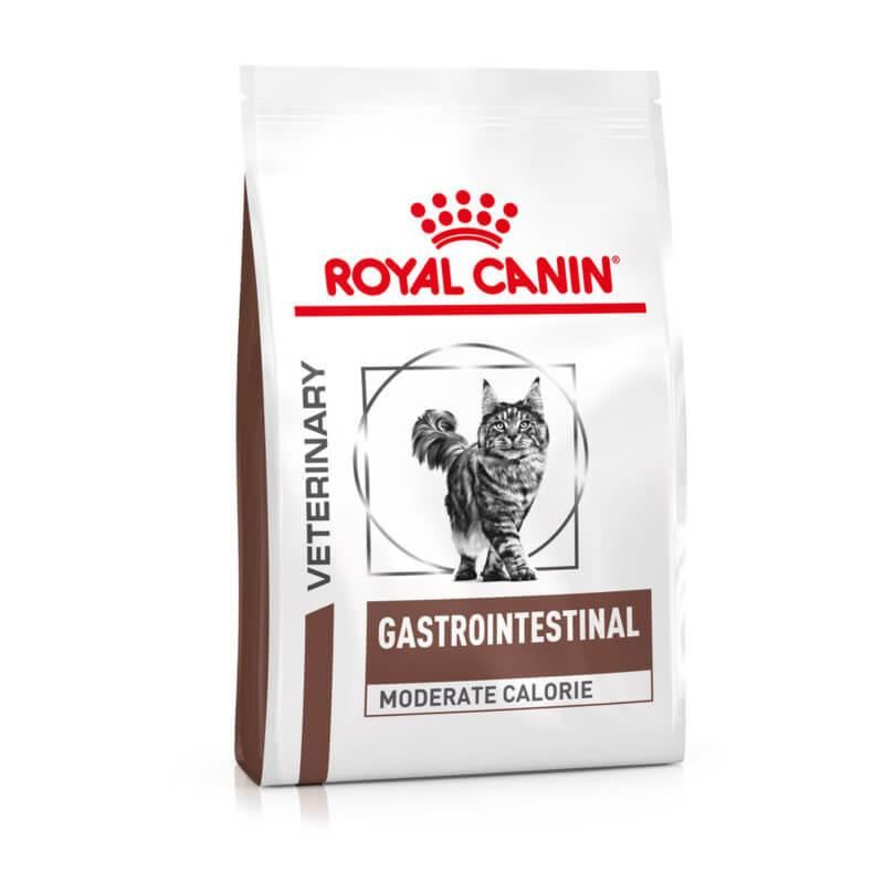 Royal Canin Veterinary Feline Gastro Intestinal Moderate Calorie cat food for digestive support.