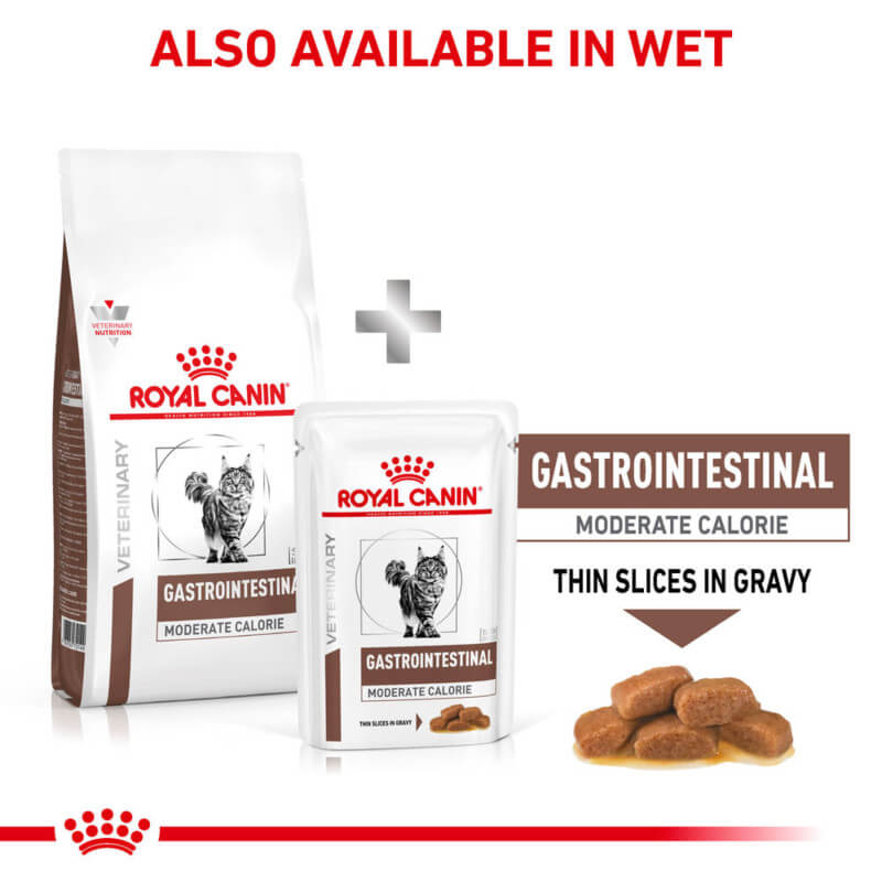 Royal Canin Veterinary Feline Gastro Intestinal Moderate Calorie supports digestion with food slices.