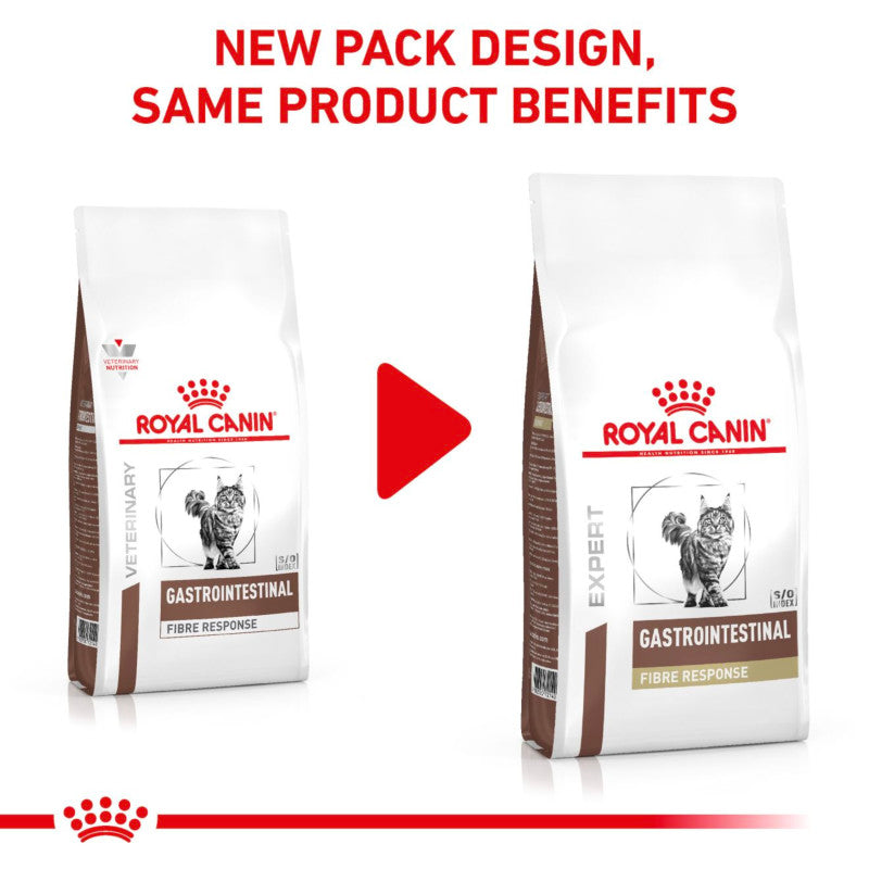 Two Royal Canin Veterinary Feline Fibre Response bags, old/new pack, red text above.