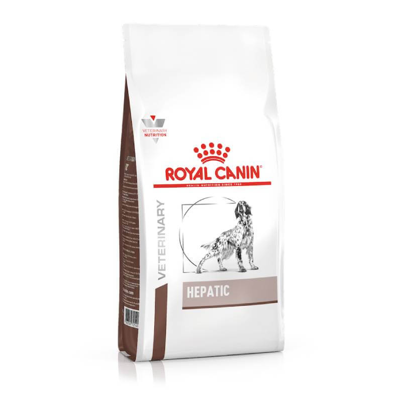 Royal Canin Veterinary Canine Hepatic Dry Dog Food with a dog illustration on the front.