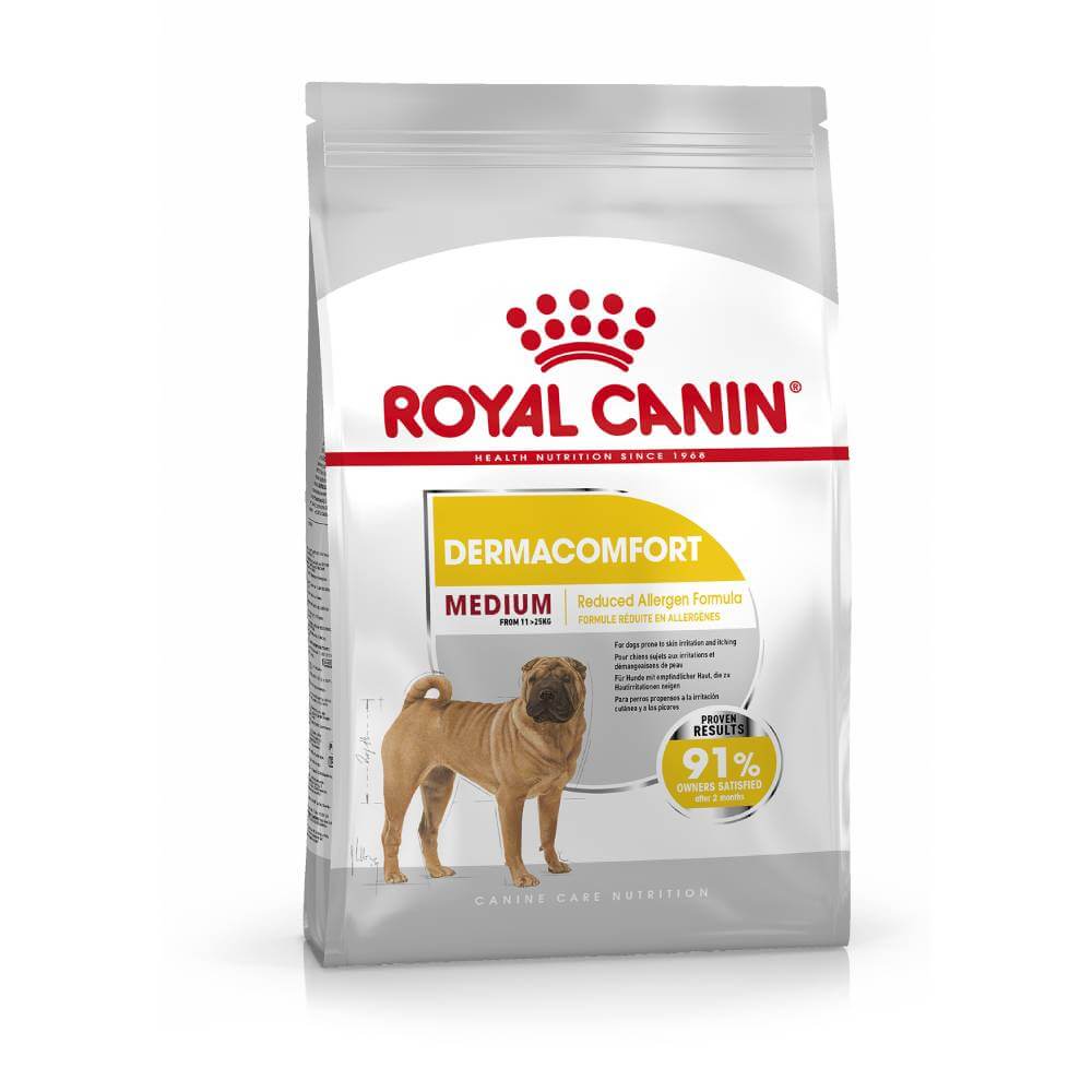 Royal Canin Medium Dermacomfort dog food with reduced allergens for sensitive skin.