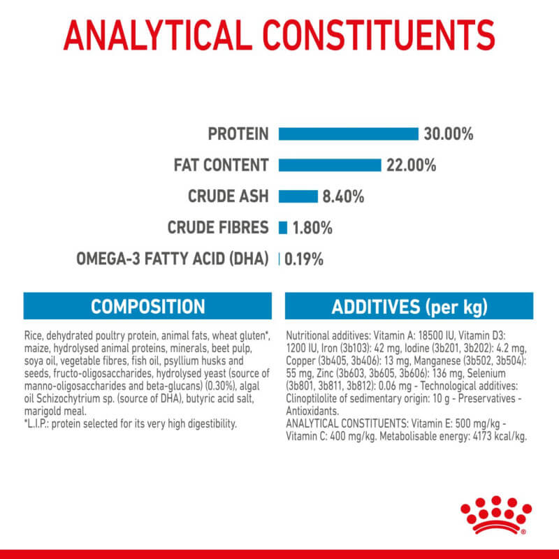 Royal Canin Maxi Starter nutrition: protein, fat, fiber, and other key contents detailed.