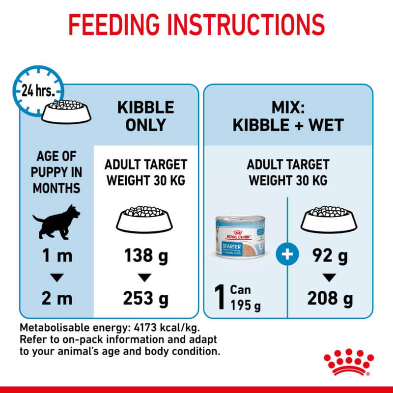 Royal Canin Maxi Starter feeding chart and wet food amounts for 30kg large breed puppies.