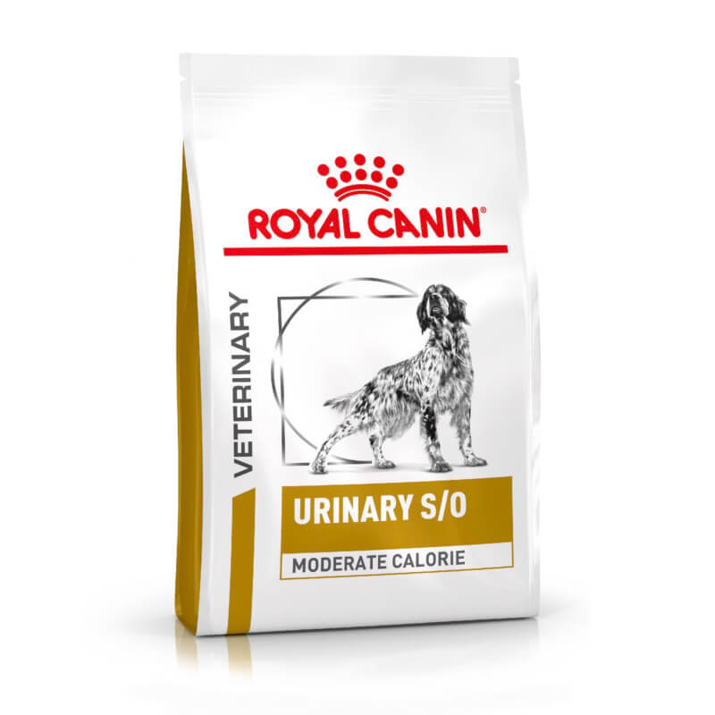 Royal Canin Veterinary Canine Urinary S/O Moderate Calorie dog food for struvite stone dissolution.