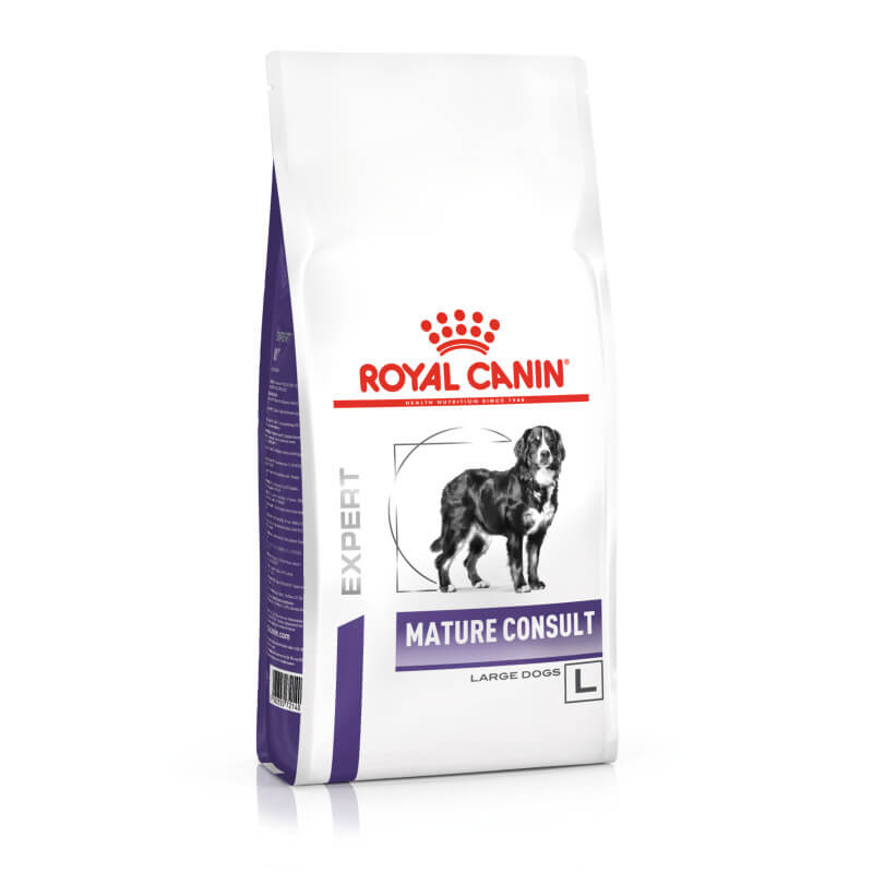 Royal Canin Veterinary Mature Consult Senior Large Dog Food 14kg with dog illustration on bag.