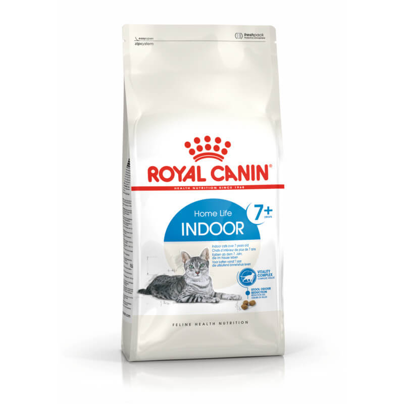 Royal Canin Indoor 7+ cat food for senior indoor cats, gray tabby featured on bag.